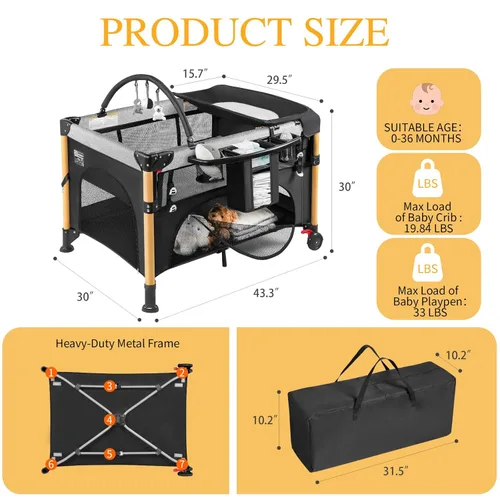 Miniatura 2 de Cuna de viaje junto a la cama para bebé con configuración de una mano, corral plegable 5 en 1, portátil con cuna, cambiador de pañales y colchón