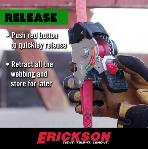 Miniatura 6 de Erickson Correa de trinquete retráctil autotensante de 1 pulgada x 10 pies, resistencia a la rotura de 1500 libras, diseño de tensión automática