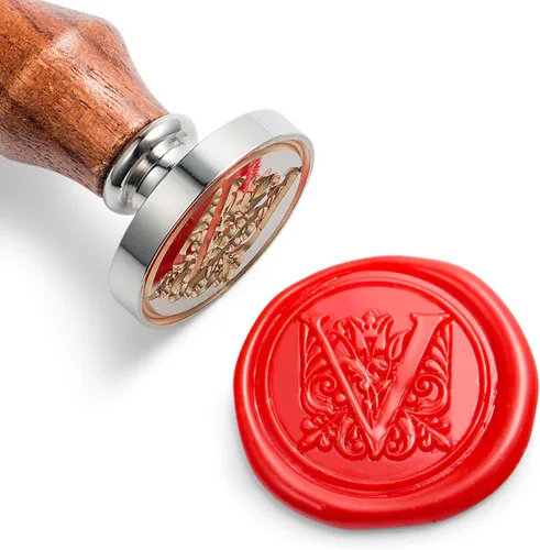 Miniatura 26 de Sello de cera Mceal, sello grande 1 1/5"(30mm) de diámetro, cabeza de latón plateado con mango de madera, serie de letras A a Z de estilo regio