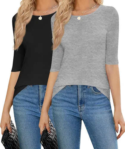 Miniatura 2 de Huukeay 2 camisetas de media manga para mujer, camisetas básicas de cuello redondo para mujer, manga 12, cuello redondo, camisetas elásticas
