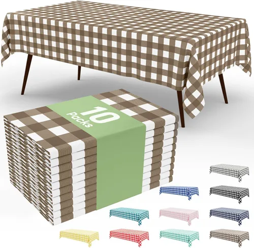 Miniatura 50 de Smiry Paquete de 3 Manteles Desechables de Cuadros Gingham Color Caqui - 54" x 72" Mantel de Plástico de Servicio Pesado, Cubiertas de Mesa