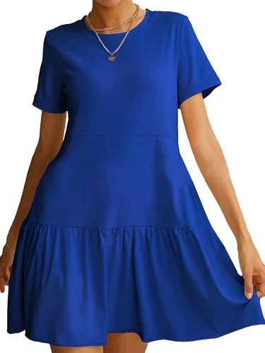 Miniatura 3 de Umenlele Minivestido corto casual de manga corta con cuello redondo y volantes para mujer