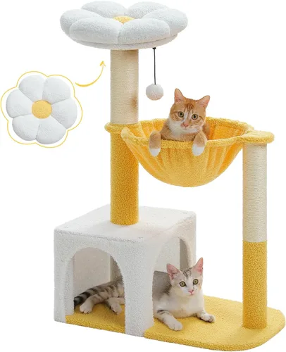 Miniatura 12 de MUTTROS Árbol para gatos con flores con postes rascadores de sisal, linda torre para gatos de 35" con hamaca verde grande para gatos pequeños