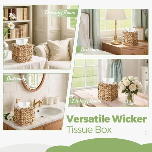 Miniatura 7 de Funda cuadrada de mimbre para caja de pañuelos, cajas de pañuelos faciales, caja de servilletas tejida a mano para baño, dormitorio, oficina, mesa