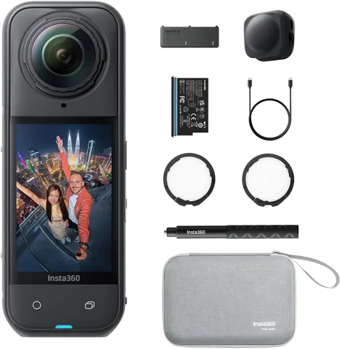 Insta360 X5 Essentials - Cámara de acción impermeable 8K 360 | El paquete incluye selfie Stick, batería extra, funda de carga rápida de utilidad,
