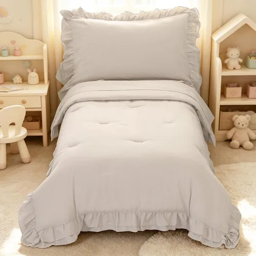 Miniatura 12 de Juego de ropa de cama para niñas pequeñas, 4 piezas con volantes dobles, suave y transpirable, juego de ropa de cama para cuna, incluye edredón Rosa