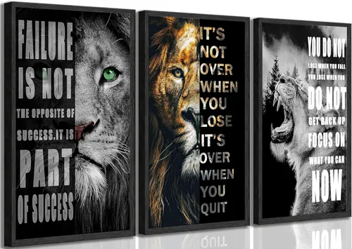Miniatura 9 de 3 Piezas de Arte de Pared Inspirador para Oficina, Lienzo Moderno con Citas Motivacionales, Imágenes en Blanco y Negro de León, Decoración de Pared