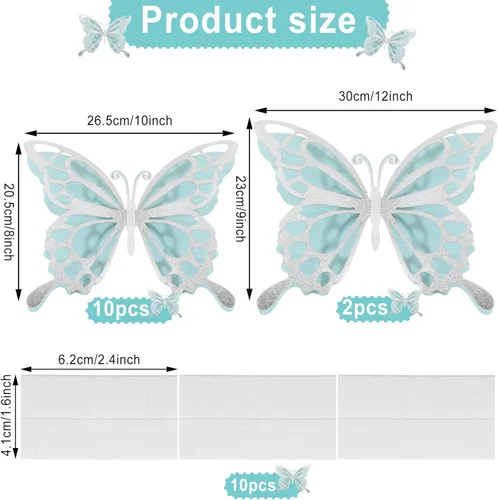 Miniatura 2 de Geyee 12 piezas de decoración de fiesta de mariposa grande 3D de 12 pulgadas, 10 pulgadas, centros de mesa de mariposa grandes para mesas, baby Azul