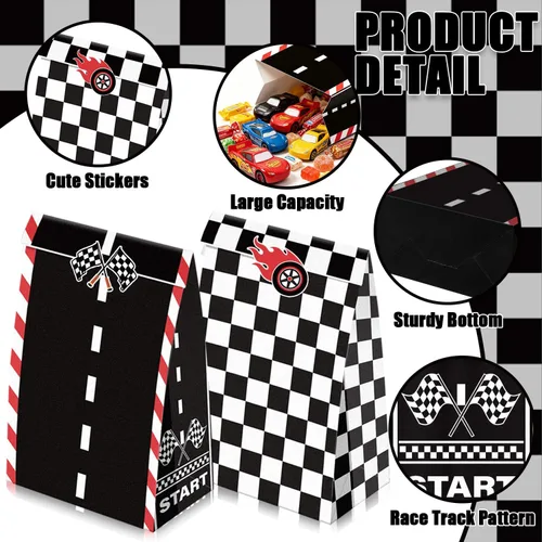Miniatura 7 de XJLANTTE 20 bolsas de regalos para autos de carreras, bolsa de recuerdos de fiesta de autos de carreras con calcomanías, bolsas de papel de regalo a