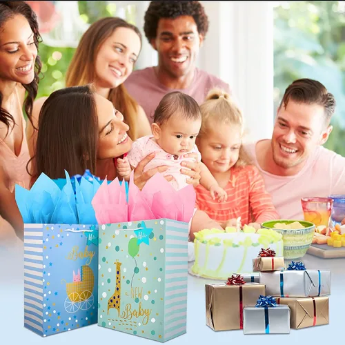 Miniatura 2 de Bolsa de regalo para bebé, bolsas de regalo grandes de 12.6 pulgadas con papel de seda, bolsa de regalo para baby shower con diseño de lámina Azul