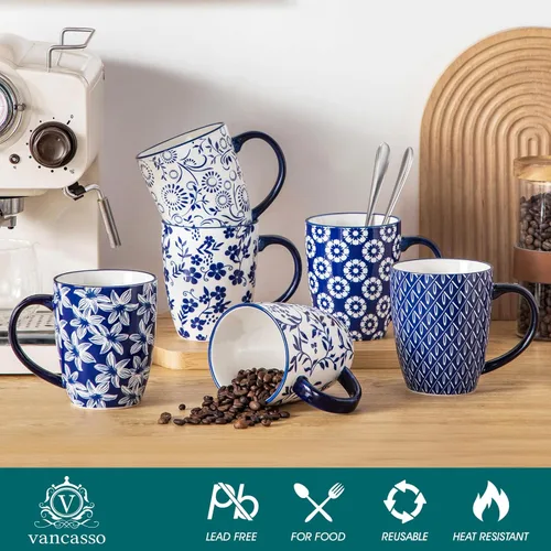 Miniatura 3 de vancasso SELENE - Juego de 6 tazas de café grandes de porcelana de 16 onzas con asa, taza de té de cerámica para capuchino, café con leche, té