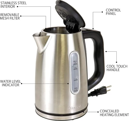 Miniatura 6 de Kenmore - Hervidor eléctrico inalámbrico de 1.7 litros con 6 preajustes de temperatura, tetera de acero inoxidable con luz LED, apagado automático