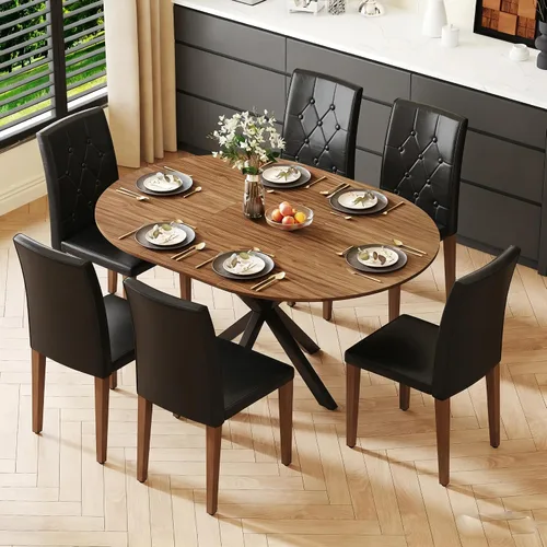 Miniatura 8 de Juego de mesa de comedor redonda para 4, juego de mesa de comedor extensible de 43-59 pulgadas, mesa de grano de madera de nogal y 4 sillas