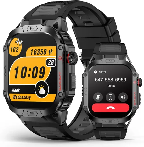 SOUYIE Reloj inteligente militar para hombre para responder/hacer llamadas, reloj inteligente deportivo al aire libre de 2.02 pulgadas con linterna,