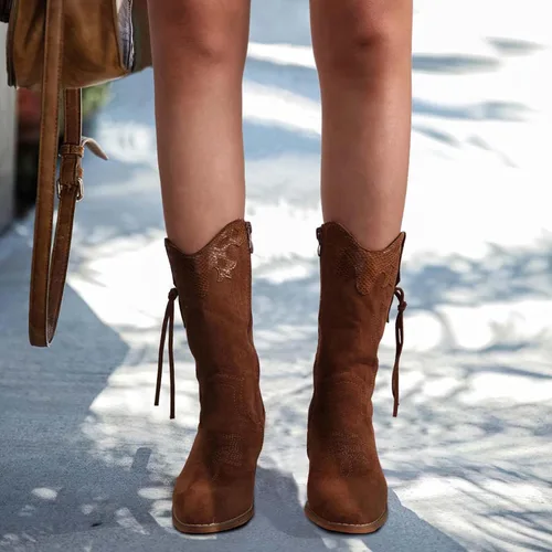 Miniatura 3 de SHIBEVER Botas vaqueras vaqueras para mujer botas de tacón alto Western Country Botas de gamuza con cremallera a media pantorrilla