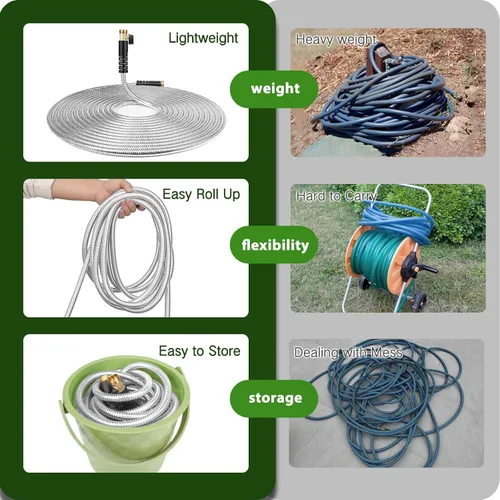 Miniatura 4 de Manguera de jardín de metal de 25 pies, manguera de agua flexible de acero inoxidable 304, sin torceduras ni enredos, tubería resistente