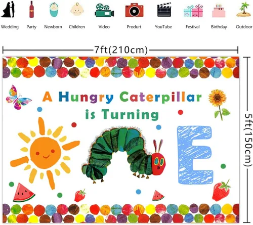 Miniatura 3 de Lofaris A Hungry Caterpillar is Turning One Happy Birthday - Telón de fondo de fiesta de cumpleaños con diseño de oruga de dibujos animados, diseño