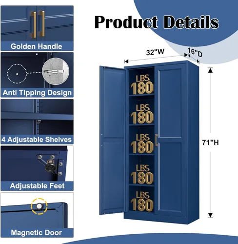 Miniatura 3 de SteeLoong - Gabinete de despensa de cocina, gabinetes de almacenamiento de despensa de metal azul de 71" con puertas y 4 estantes ajustables