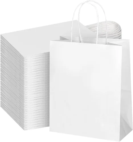 Bolsas de papel Kraft de color blanco mediano con asas a granel, bolsas de regalo Bagmad 8x4.75x10 in, bolsas de regalo para manualidades, compras