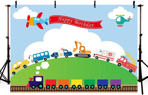 Telón de fondo de fiesta de cumpleaños para automóvil, tren, aviones, automóvil, camión, niño, primer cumpleaños, cielo azul, nube, césped, verde,