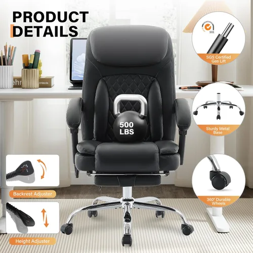 Miniatura 8 de Silla de oficina de masaje de 500 libras, silla de oficina ejecutiva de 6 puntos de vibración y calor, silla de escritorio cómoda reclinable de 135°