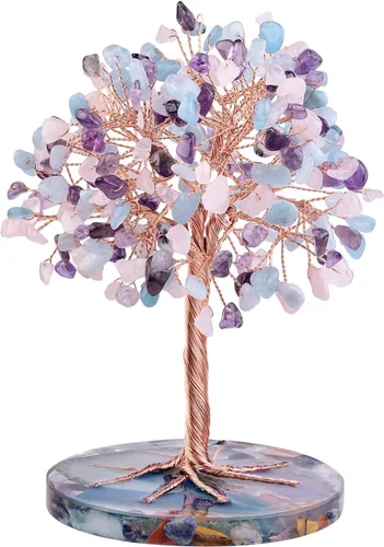 Miniatura 14 de mookaitedecor Árbol de cristal de aguamarina natural con base de ágata, árbol de dinero de la suerte, decoración de Feng Shui para el hogar