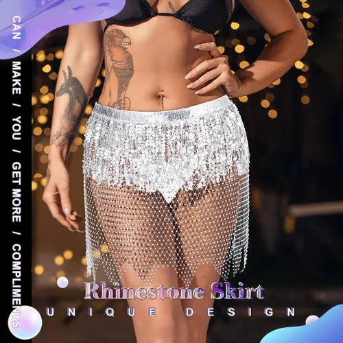Miniatura 5 de Nicute Falda de lentejuelas con flecos, falda de danza del vientre, falda de malla brillante para festivales rave, disfraz para mujeres y niñas