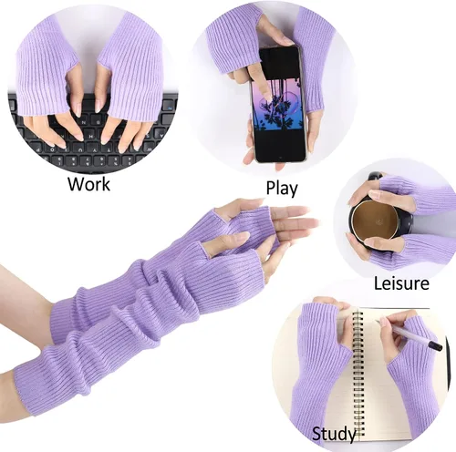 Miniatura 46 de Facecozy Calentadores de brazos para mujer, mezcla de lana de cachemira, guantes largos sin dedos para mujer, guantes para clima frío con agujero