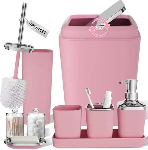 Miniatura 61 de XLHOMO - Juego de baño beige de plástico de 9 piezas, con basurero, dispensador de jabón, portacepillos de dientes, vaso, jabonera, cepillo