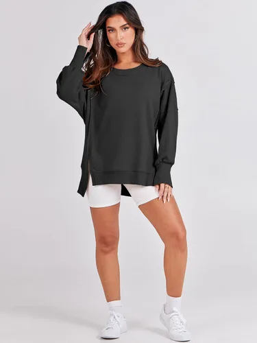 Miniatura 7 de ANRABESS Sudadera de gran tamaño para mujer, cuello redondo, manga larga, casual, con abertura, sin botones, ropa de otoño