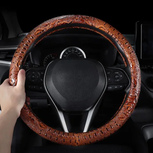 Miniatura 2 de Funda para volante de auto de cuero, antideslizante, universal, 15 pulgadas, marrón con grano de cocodrilo y veta de rosa