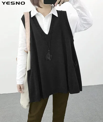 Miniatura 3 de YESNO Sweater Vest Women Loose Swing Cotton Cute Oversized Knit Pullover Sleeveless Sweater Tops with Drop Pockets WM9