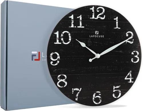 Miniatura 7 de Lafocuse Relojes de pared negros silenciosos de 12 pulgadas para decoración de cocina, sala de estar, reloj de pared rústico de madera, funciona