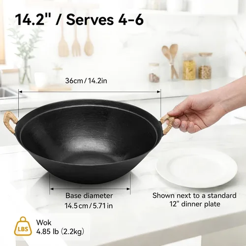 Miniatura 4 de WANGYUANJI Wok de hierro fundido hecho a mano de 14.2 pulgadas, sartenes grandes para freír con doble mango, sartén adecuada para inducción