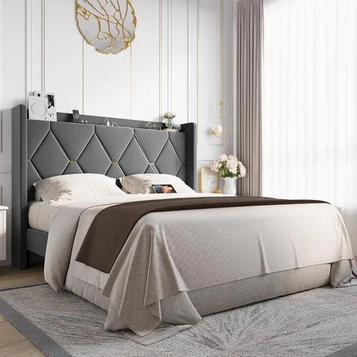 Miniatura 13 de Allewie Base de cama tapizada Velvet Queen con cabecera de almacenamiento con respaldo alado y estación de carga, cama de plataforma con diseño