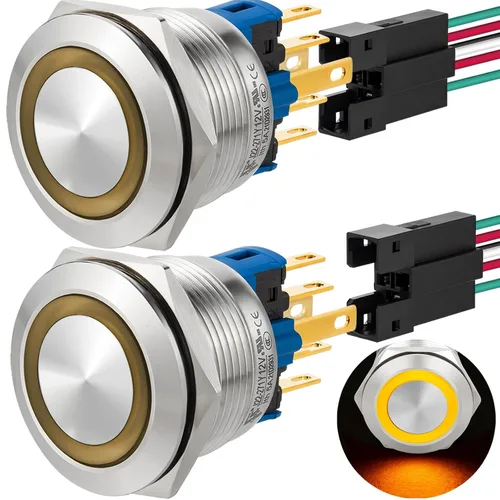 Miniatura 20 de 2 interruptores de botón de cierre de 0.866 in, 7/8 pulgadas, 110 V-120 V, SPDT, interruptor de encendido y apagado, impermeable, IP67, acero Azul