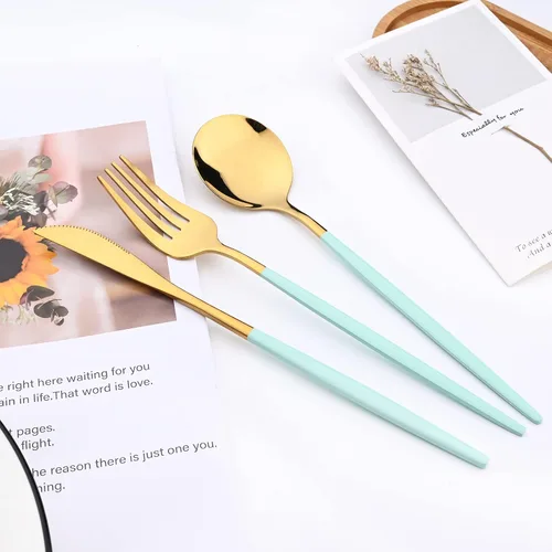 Miniatura 6 de Juego de cubiertos de espejo, 24 piezas de cubiertos de acero inoxidable 18/0 con mango verde menta, vajilla simple y moderna para cena de fiesta
