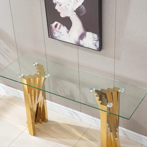 Miniatura 121 de Mesa de centro de cristal de lujo, mesa de centro de sofá de 47 pulgadas con marco de acero inoxidable dorado y parte superior de vidrio negro, mesa