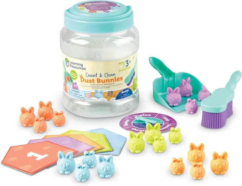 Learning Resources Count & Clean Dust Bunnies - Habilidades motoras finas, combinación de colores y formas para niños, reconocimiento de números,
