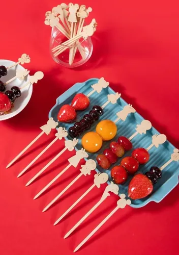 Miniatura 7 de Pinchos de bambú natural de dibujos animados para aperitivos de alimentos de 3.5 4.7 pulgadas, palillos de madera para cóctel, bocadillos de frutas