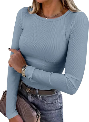 Miniatura 33 de ANRABESS - Camisetas de manga larga para mujer, de punto acanalado, ajustadas, básicas, 2025, informales, para usar a capas o debajo del uniforme