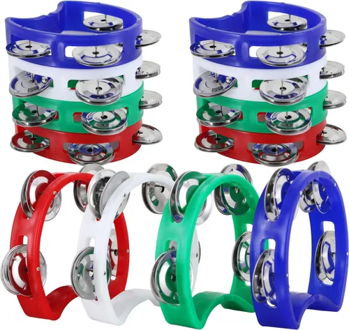 Miniatura 7 de EASTROCK 4 panderetas de percusión de plástico con 4 campanas de percusión de mano, mini pandereta de colores para hacer ruido de colores, pandereta