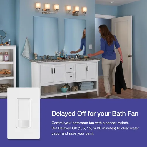 Miniatura 9 de Lutron Maestro Interruptor de luz con sensor de movimiento y placa de pared para baño, garaje, lavandería, cualquier bombilla, sensor de ocupación