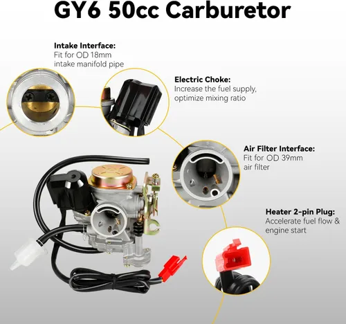 Miniatura 7 de HIAORS GY6 Carburador de 50 cc para Tao Tao 49cc Scooter VIP Pony Thunder PD18J Carb Jonway Roketa Sunl Vitacci Icebear Lance Kazuma Baja SC50