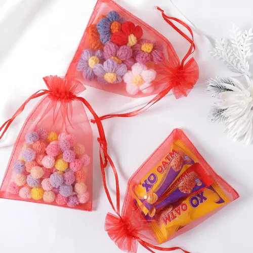 Miniatura 5 de Hopttreely 100 bolsas de organza transparente, bolsas de regalo de joyería roja, bolsas de regalo de boda de Navidad de 4 x 6 pulgadas con cordón