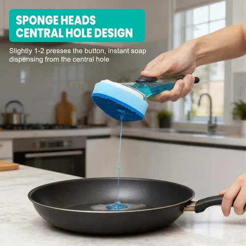 Miniatura 5 de Varita de cocina con recambios, varita para platos con cabezales de esponja de repuesto de mango, control de jabón antiarañazos, dispensador a