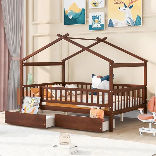 Miniatura 18 de Cama de madera de tamaño individual con dos cajones y techo, cama de plataforma con 2 cabeceros, para dormitorio de niños, adolescentes, niñas