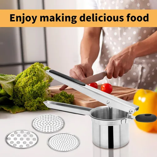Miniatura 7 de Ricer de papas grande de 15 onzas con 3 discos intercambiables, de acero inoxidable resistente para puré de papas, herramienta de cocina con mango