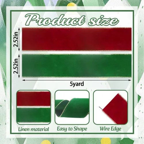 Miniatura 2 de 2 rollos de cintas de terciopelo rojo y verde de Navidad de 2.5 pulgadas x 5 yardas para manualidades, cinta de borde con alambre de Navidad