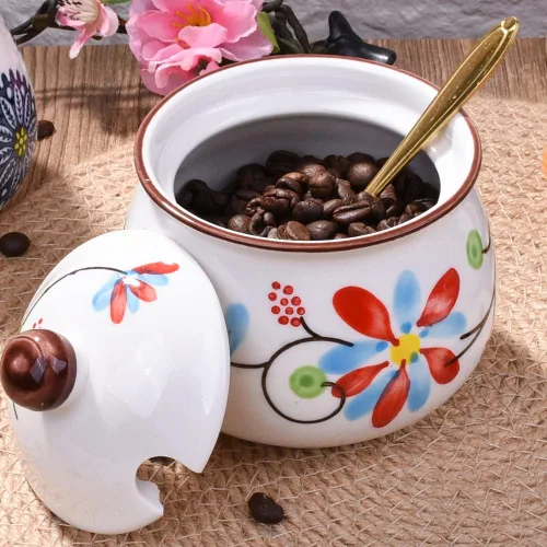 Miniatura 4 de Azucarero de cerámica con tapa y cuchara, recipiente de azúcar floral pintado a mano de 10.8 onzas para cocina, tarro de especias de porcelana HH